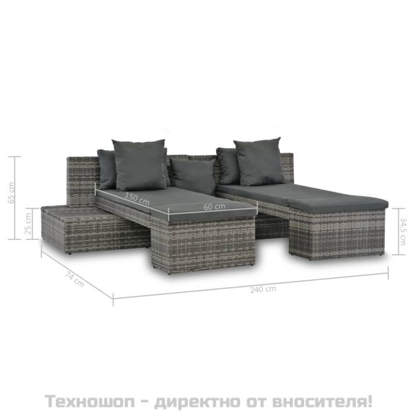 Градински комплект с възглавници, 4 части, сив полиратан