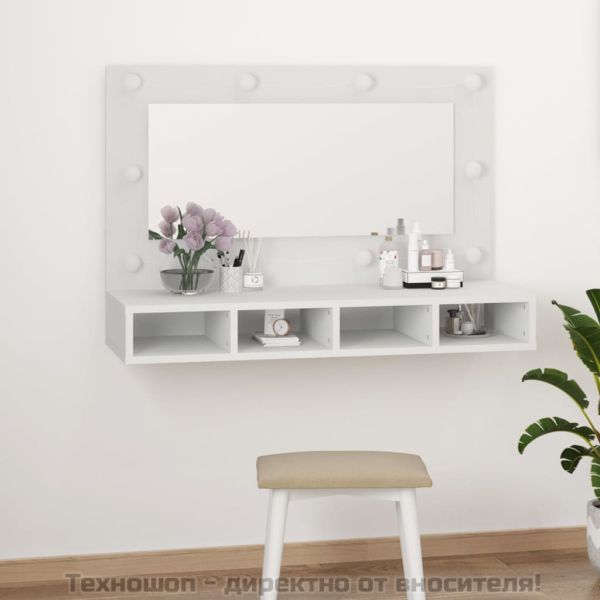 Огледален шкаф с LED, бял, 90x31,5x62 см