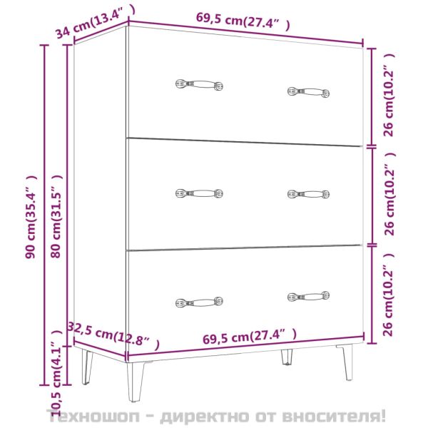 Сайдборд, бетонно сив, 69,5x34x90 см, инженерно дърво