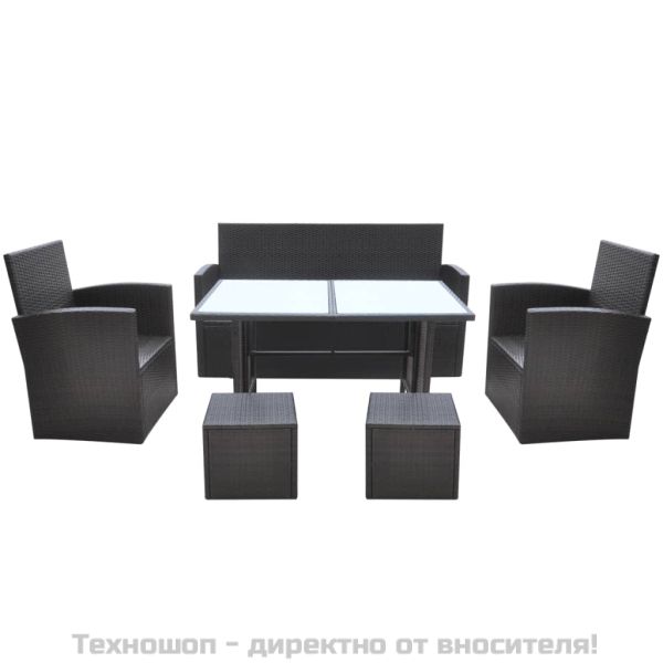 Градински комплект с възглавници, 6 части, кафяв полиратан