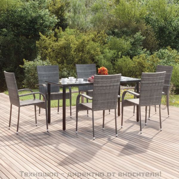 Градински трапезен комплект от 7 части, полиратан, сив