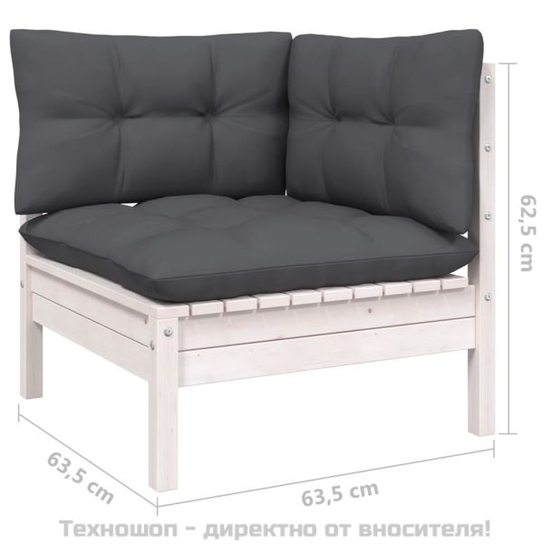 Градински ъглов диван с възглавници, бял, бор масив