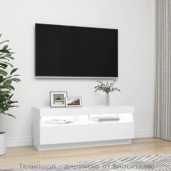 ТВ шкаф с LED осветление, бял, 100x35x40 см