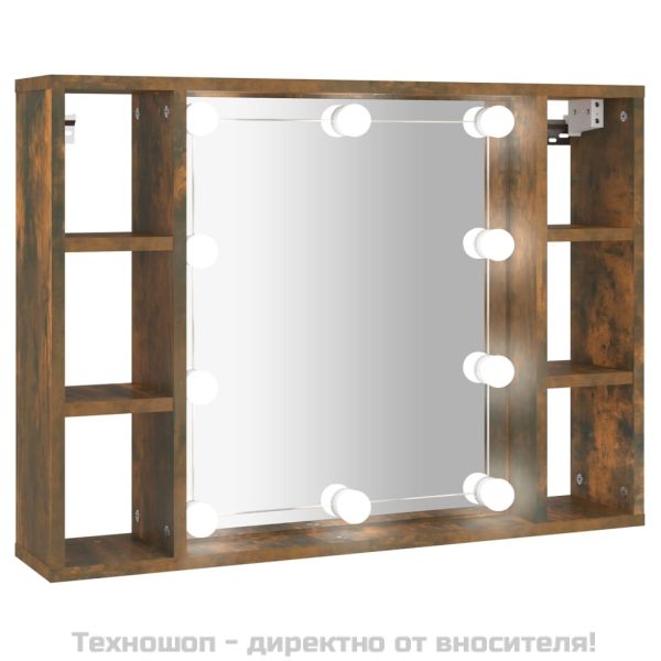 Огледален шкаф с LED, опушен дъб, 76x15x55 см