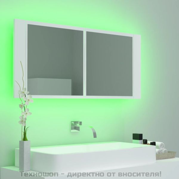 Шкаф с LED огледало за баня, бял, 100x12x45 см, акрил