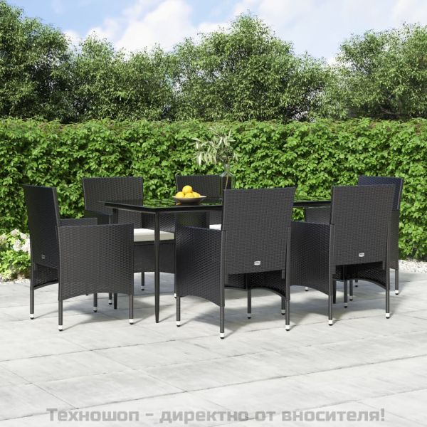 Градински трапезен комплект с възглавници 7 части черен