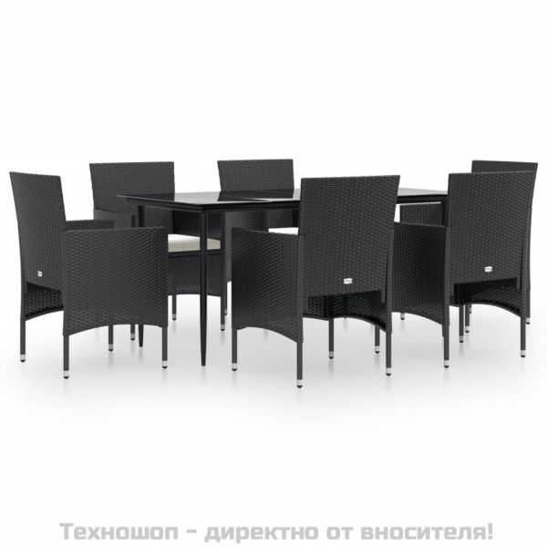 Градински трапезен комплект с възглавници 7 части черен