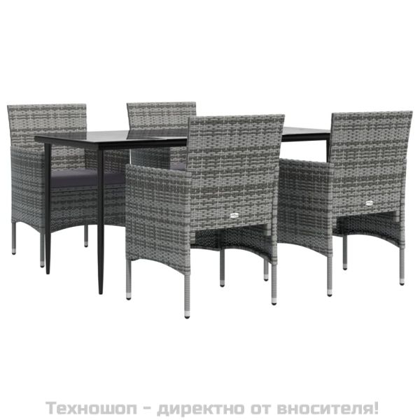 Градински трапезен комплект с възглавници 5 части, сиво и черно