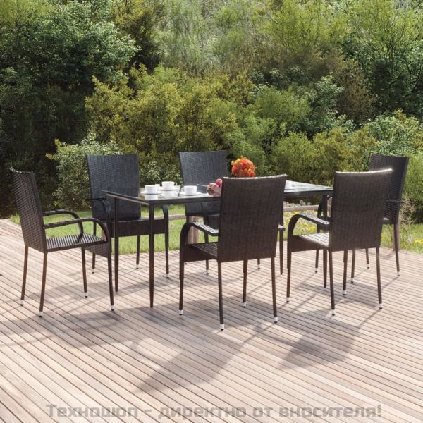 Градински трапезен комплект от 7 части, черно, полиратан