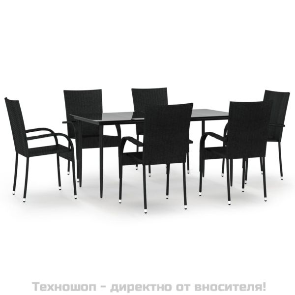 Градински трапезен комплект от 7 части, черно, полиратан