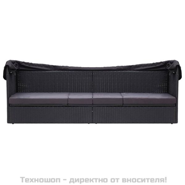 Градински диван със сенник, полиратан, черен