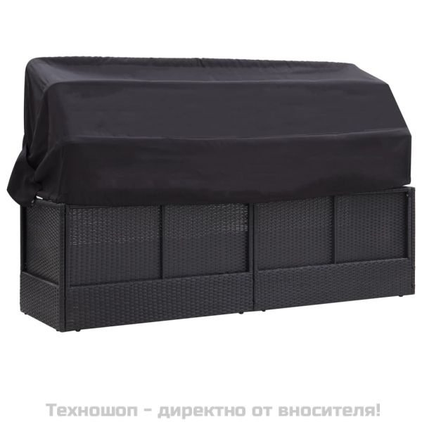 Градински диван със сенник, полиратан, черен