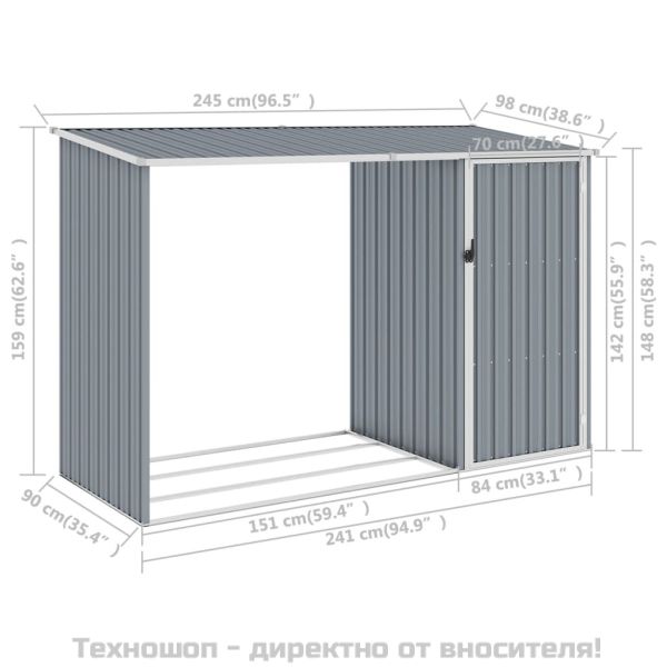 Градинска барака за дърва сива 245x98x159см поцинкована стомана
