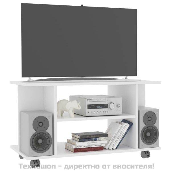 ТВ шкаф с колелца, бял, 80x40x45 см, инженерно дърво