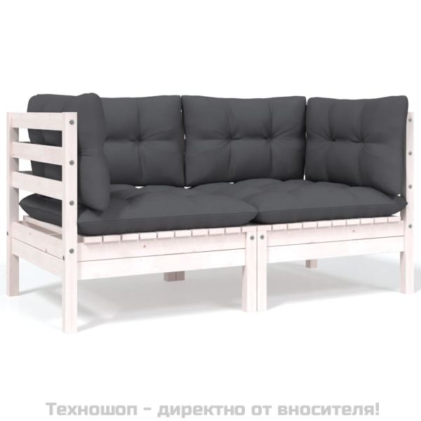 Градински 2-местен диван с възглавници, бял, борово дърво масив