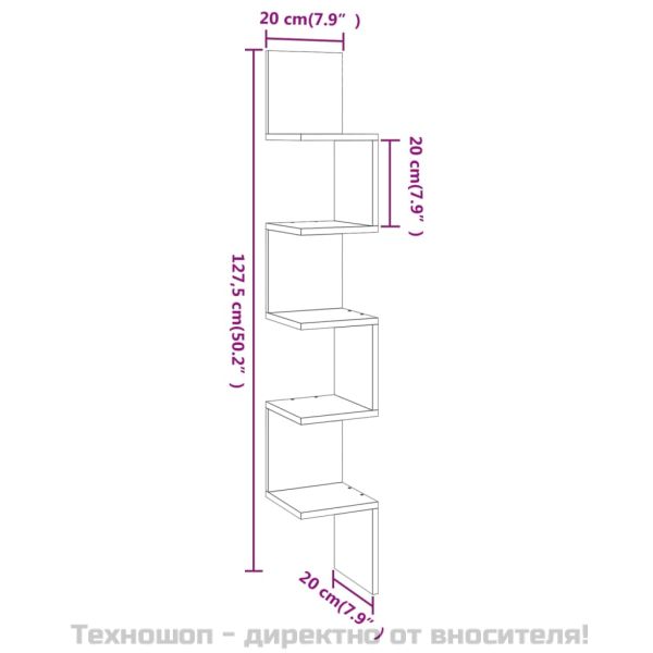 Стенен ъглов рафт, сив сонома, 20x20x127,5 см, инженерно дърво