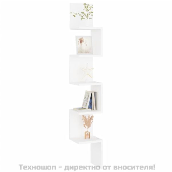 Стенен ъглов рафт, бял, 20x20x127,5 см, инженерно дърво