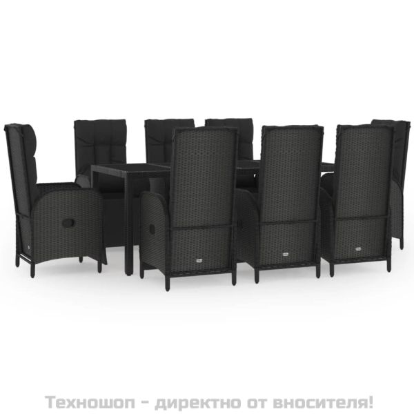 Градински трапезен комплект възглавници 9 части черен полиратан