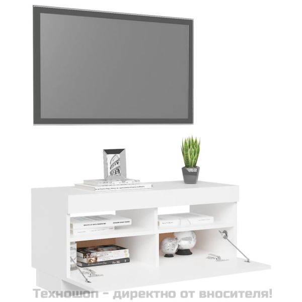 ТВ шкаф с LED осветление, бял, 80x35x40 см