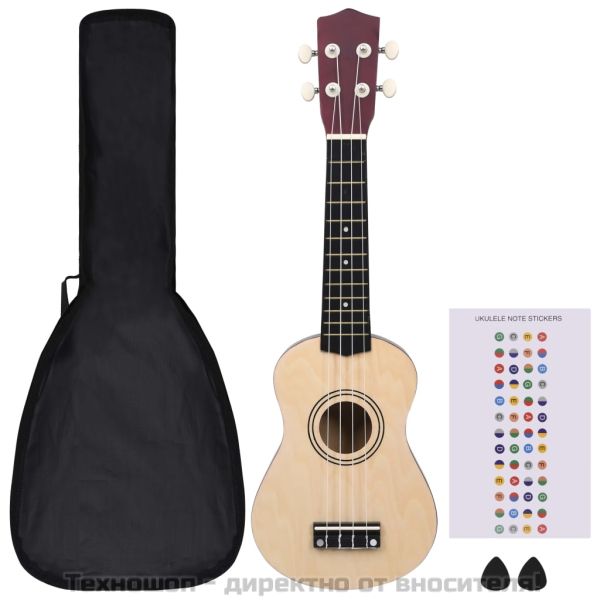 Комплект сопрано укулеле с калъф за деца естествен 21"