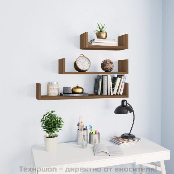 Стенни рафтове, 3 бр, кафяв дъб, инженерно дърво