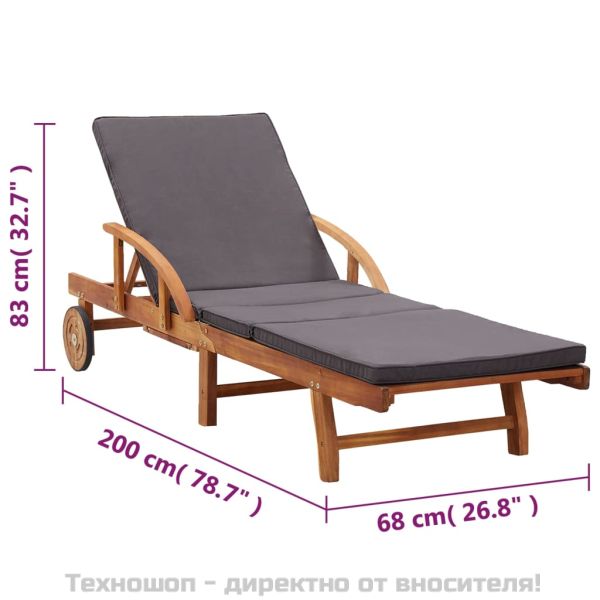 Шезлонг с възглавница, масивно акациево дърво