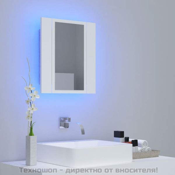 Шкаф с LED огледало за баня, бял, 40x12x45 см, акрил