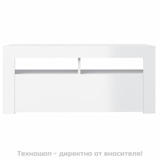 ТВ шкаф с LED осветление, бял гланц, 90x35x40 см