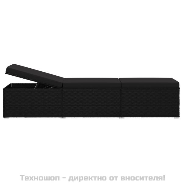 Шезлонг с шалте, полиратан, черен