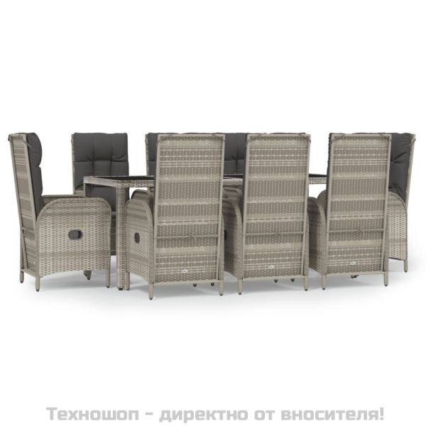 Градински трапезен комплект 9 части с възглавници сив полиратан