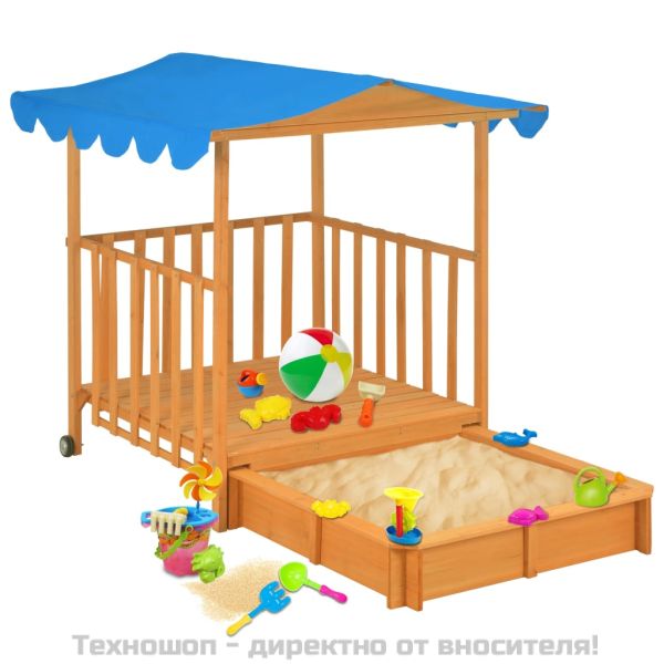 Детска къща за игра с пясъчник, чамова дървесина, синя, UV50