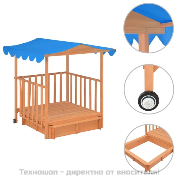 Детска къща за игра с пясъчник, чамова дървесина, синя, UV50