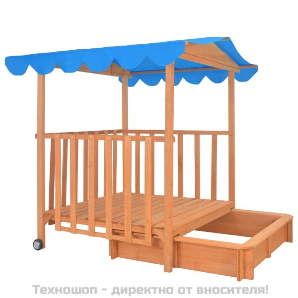 Детска къща за игра с пясъчник, чамова дървесина, синя, UV50