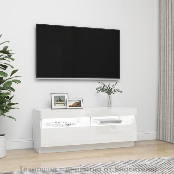 ТВ шкаф с LED осветление, бял гланц, 100x35x40 см