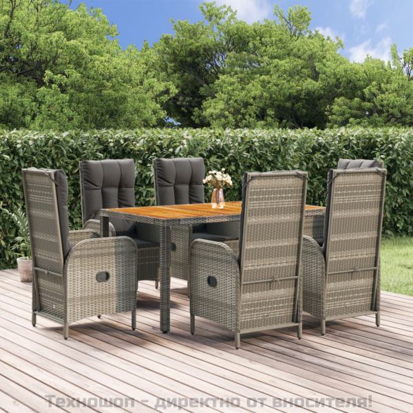 Градински трапезен комплект 7 части с възглавници сив полиратан