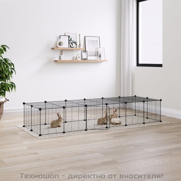 Клетка за животни с врата, 28 панела, черна, 35x35 см, стомана