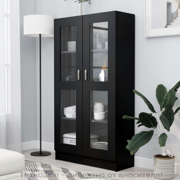 Шкаф витрина, черен, 82,5x30,5x150 см, инженерно дърво