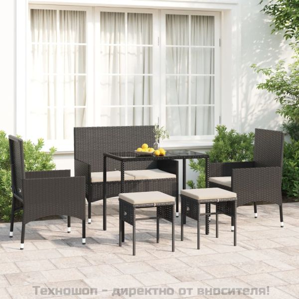 Градински комплект с възглавници, 6 части, черен, полиратан