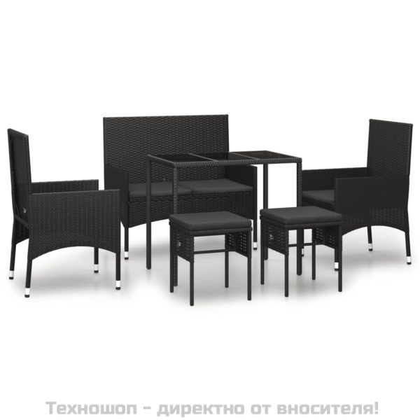 Градински комплект с възглавници, 6 части, черен, полиратан