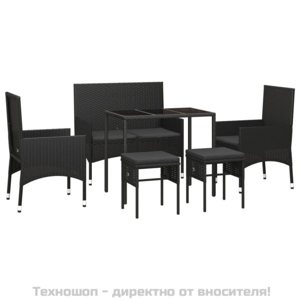 Градински комплект с възглавници, 6 части, черен, полиратан