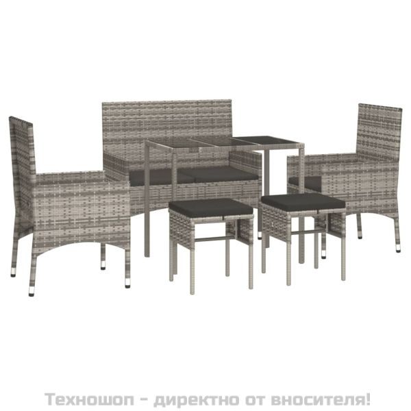 Градински комплект с възглавници, 6 части, полиратан, сив