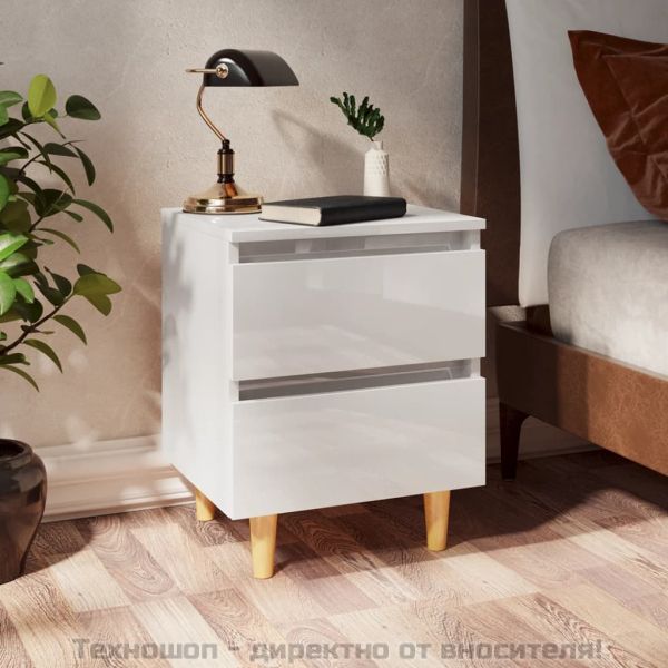 Нощни шкафчета с борови крака, 2 бр, бял гланц, 40x35x50 см