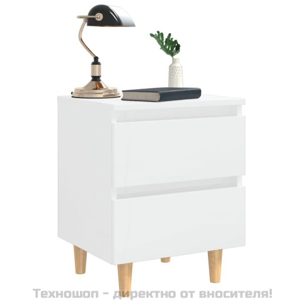 Нощни шкафчета с борови крака, 2 бр, бял гланц, 40x35x50 см