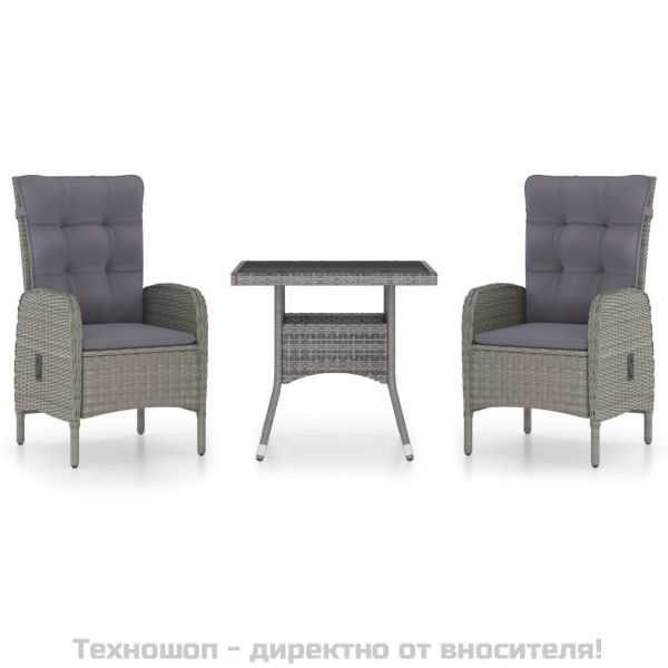 Градински трапезен комплект, 3 части, полиратан и стъкло, сив