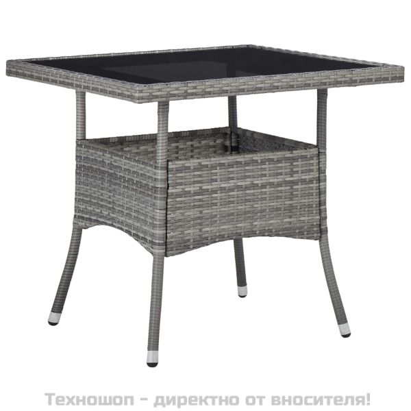 Градински трапезен комплект, 3 части, полиратан и стъкло, сив