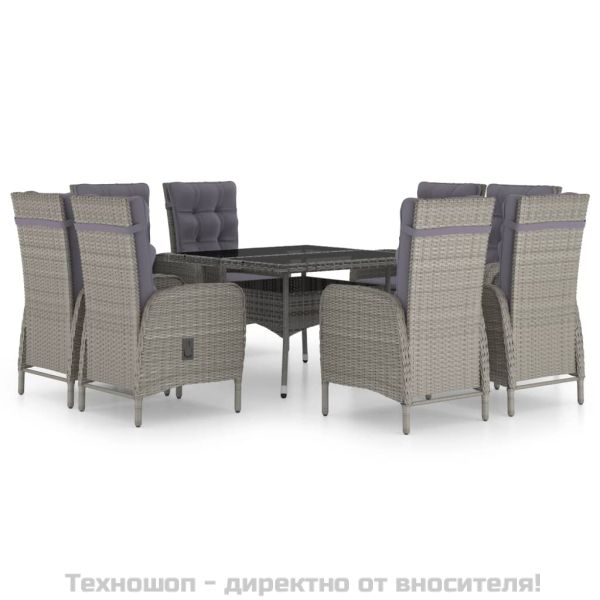 Градински трапезен комплект, 9 части, полиратан и стъкло, сив