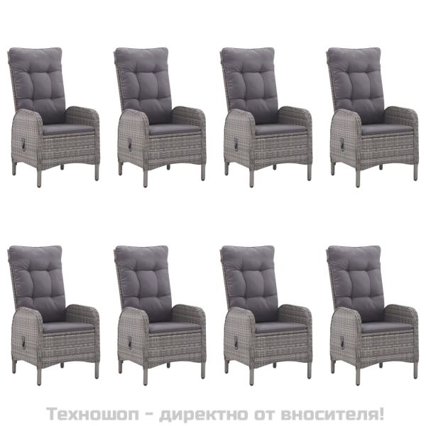 Градински трапезен комплект, 9 части, полиратан и стъкло, сив