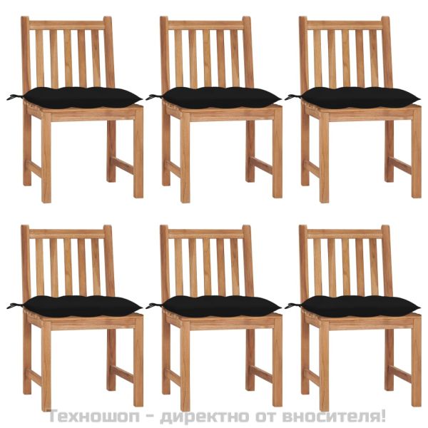 Градински столове, 6 бр, с възглавници, тиково дърво масив