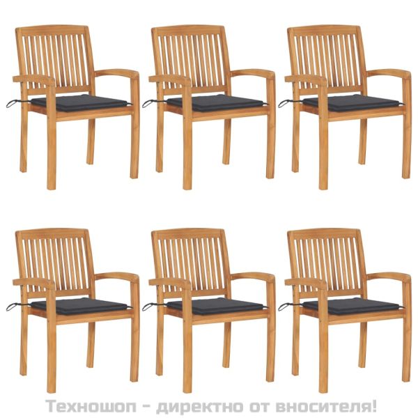 Стифиращи градински столове с възглавници 6 бр тик масив