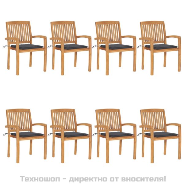 Стифиращи градински столове с възглавници 8 бр тик масив